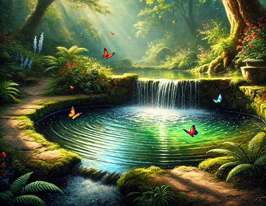 Fonte de agua rodeada por borboletas